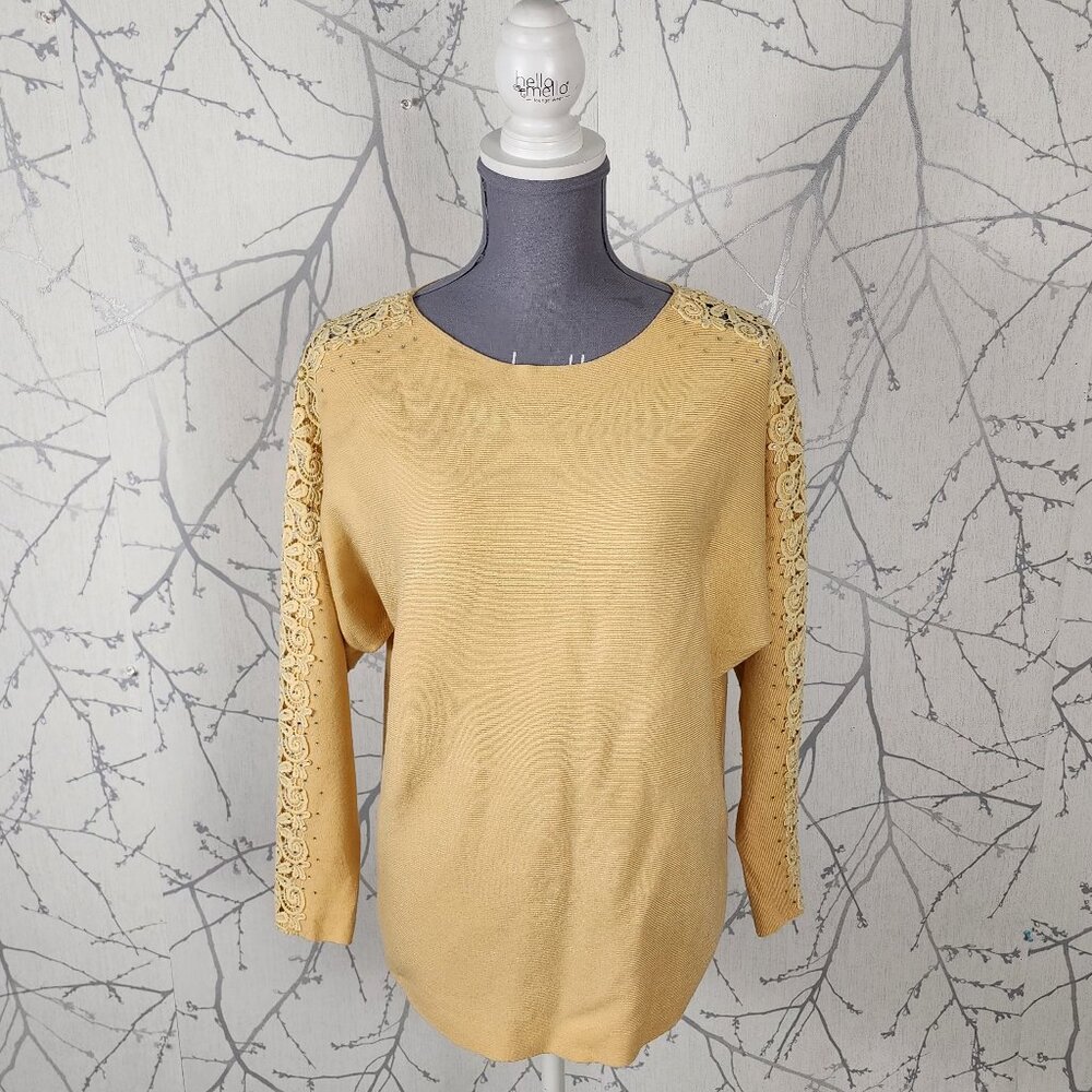 Liv Milano Yellow Knit Lace Stripe Dolman Sleeve Round Neck Top